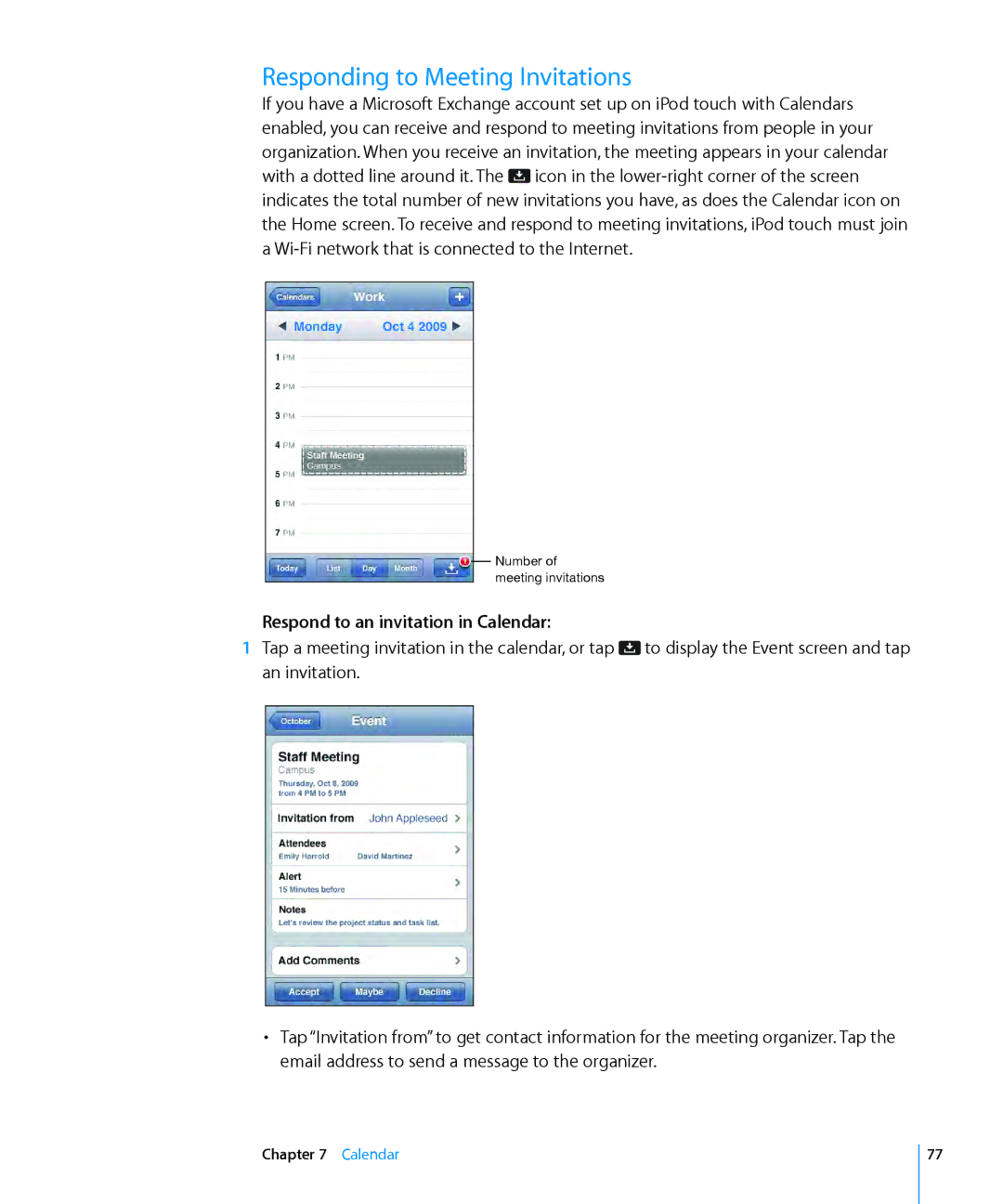 Apple MB533LL/A, MC086LL/A manual Responding to Meeting Invitations, Respond to an invitation in Calendar 