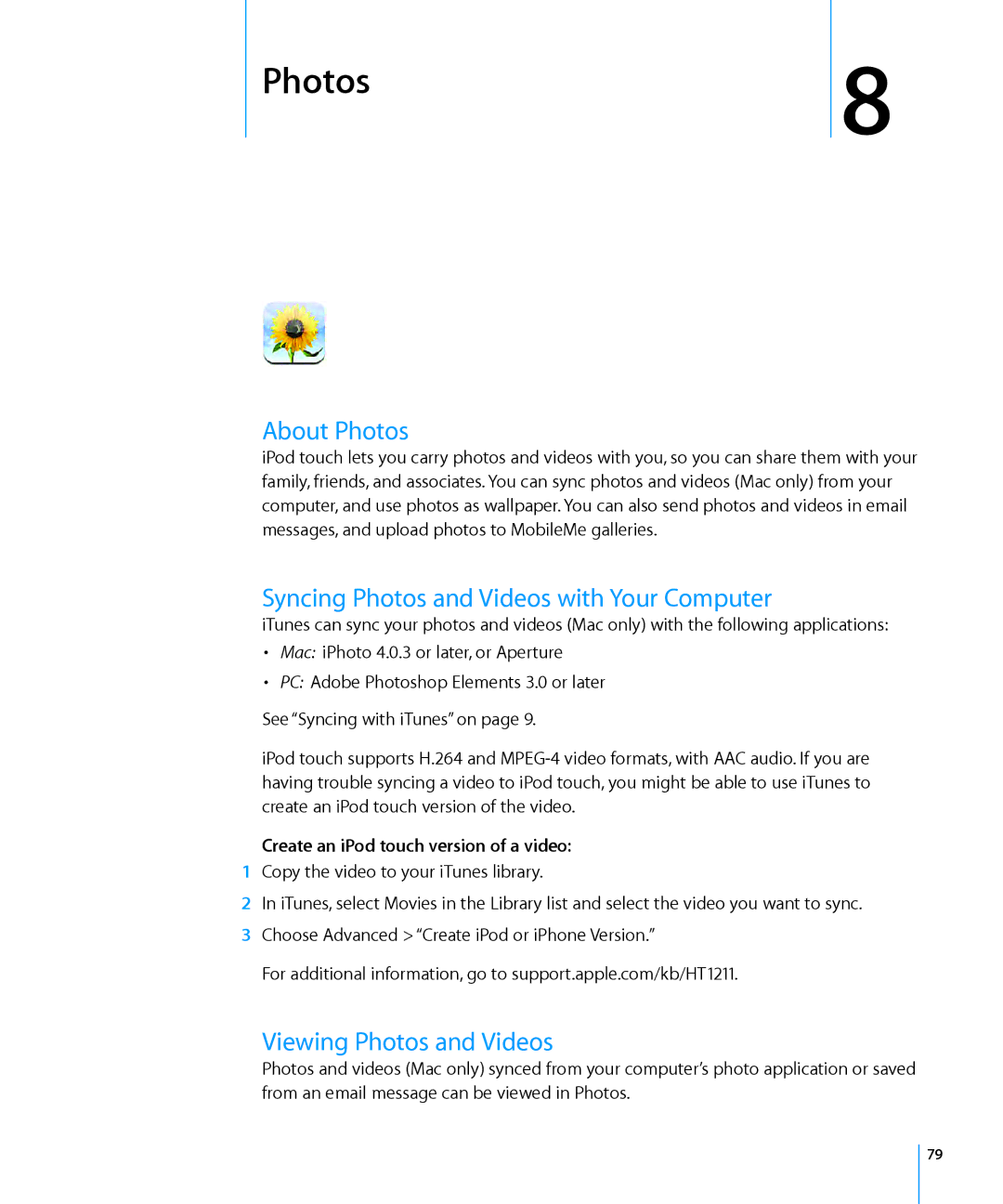 Apple MB533LL/A, MC086LL/A manual About Photos, Syncing Photos and Videos with Your Computer, Viewing Photos and Videos 