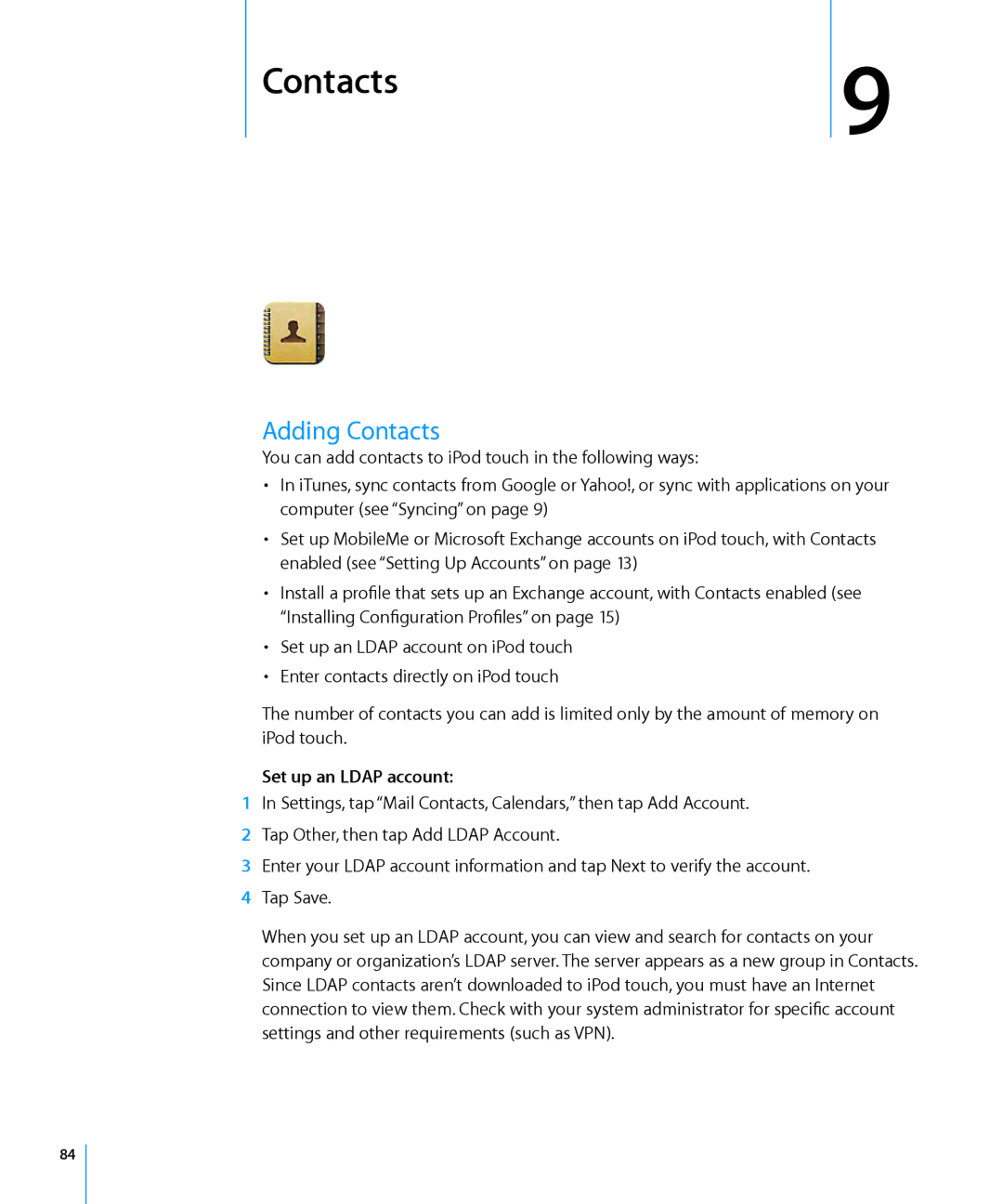 Apple MC086LL/A, MB533LL/A manual Adding Contacts, Set up an Ldap account 