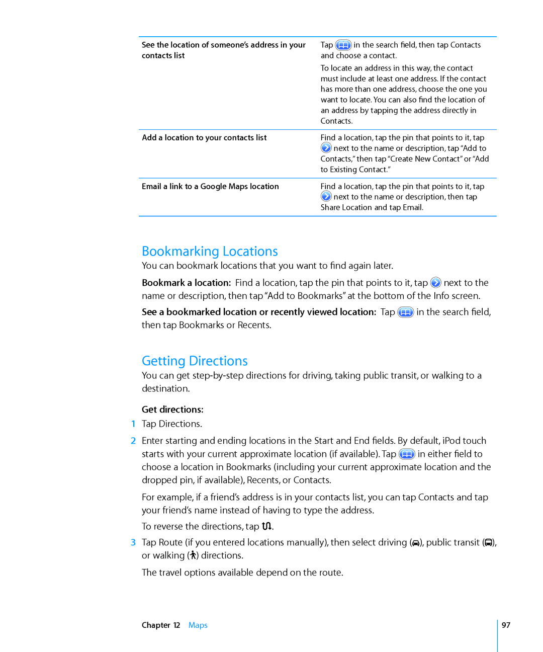 Apple MB533LL/A, MC086LL/A manual Bookmarking Locations, Getting Directions, Get directions 