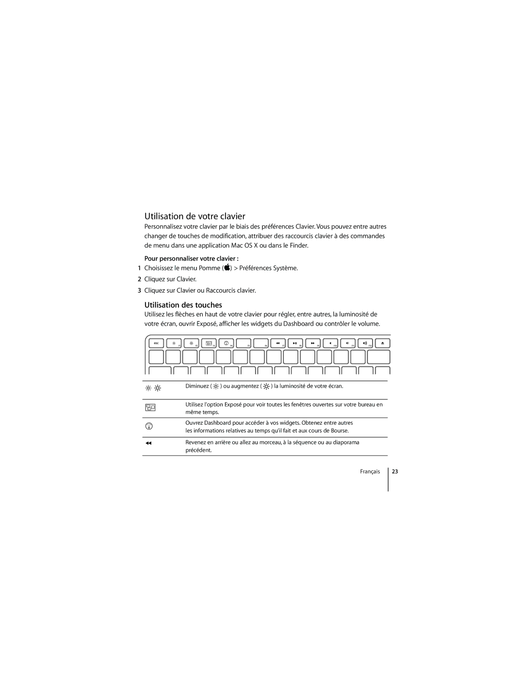 Apple 1Z034-4954-A, MC184LL/B manual Utilisation de votre clavier, Utilisation des touches, Pour personnaliser votre clavier 