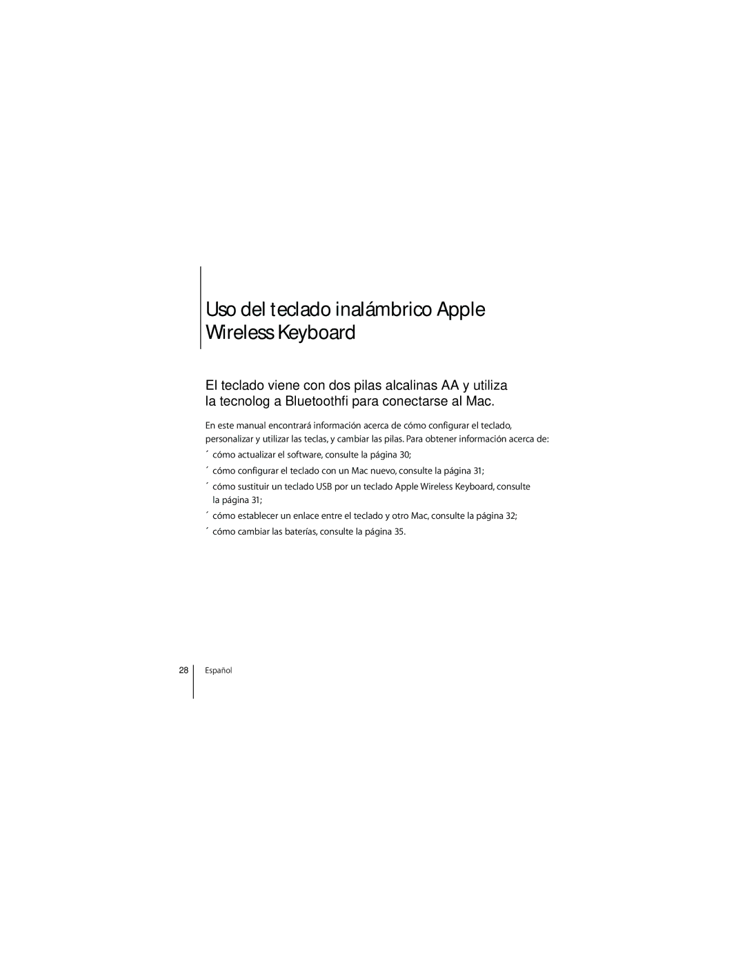 Apple MC184LL/B, 1Z034-4954-A manual Uso del teclado inalámbrico Apple Wireless Keyboard 