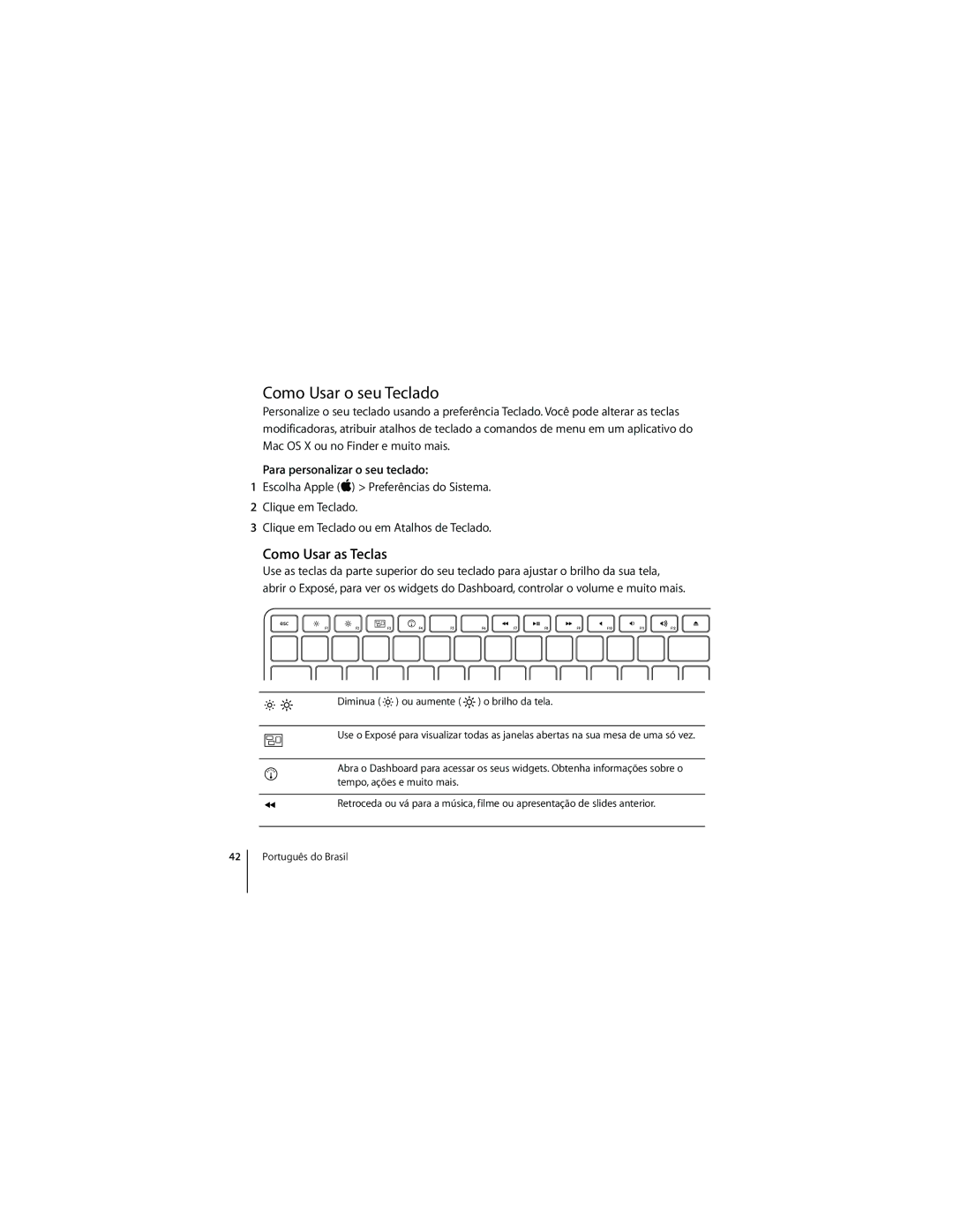 Apple MC184LL/B, 1Z034-4954-A manual Como Usar o seu Teclado, Como Usar as Teclas, Para personalizar o seu teclado 