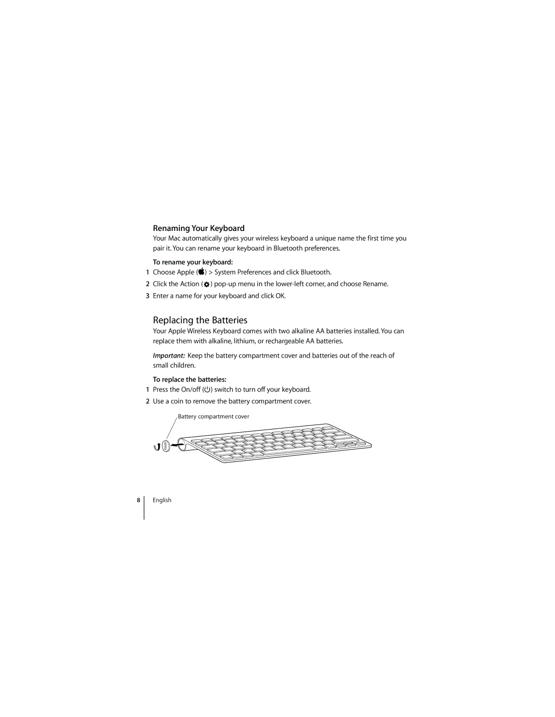 Apple MC184LL/B manual Replacing the Batteries, Renaming Your Keyboard, To rename your keyboard, To replace the batteries 