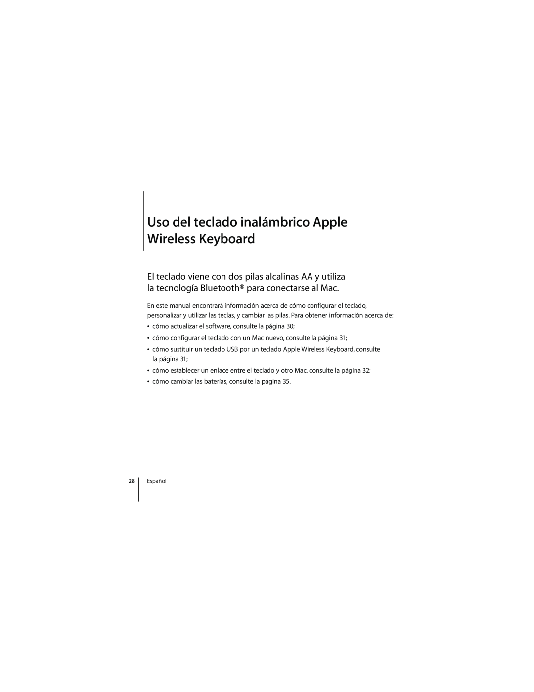Apple MC184LL/B, 1Z034-4954-A manual Uso del teclado inalámbrico Apple Wireless Keyboard 