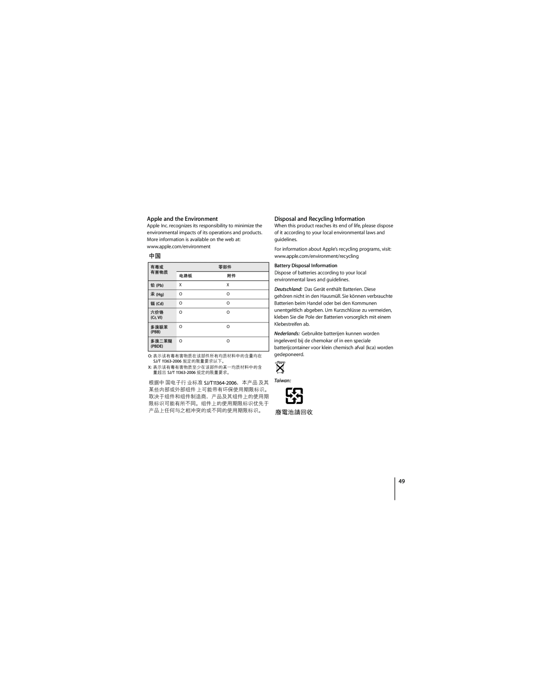 Apple 1Z034-4954-A Apple and the Environment, Disposal and Recycling Information, Battery Disposal Information, Taiwan 