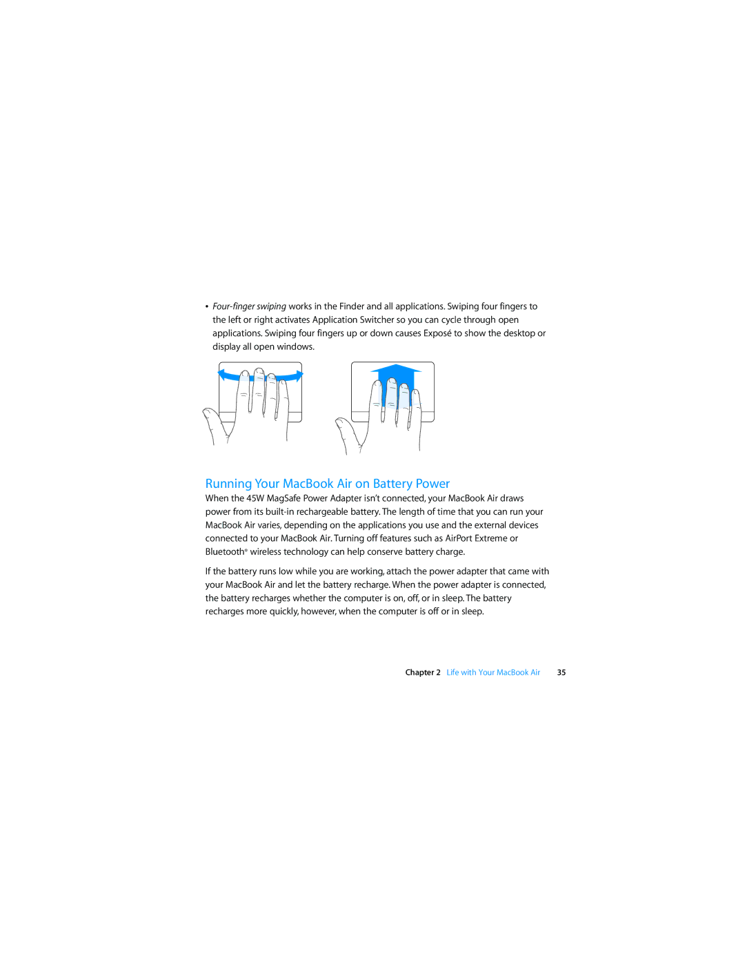 Apple MB003LL/A, MC233LL/A manual Running Your MacBook Air on Battery Power 