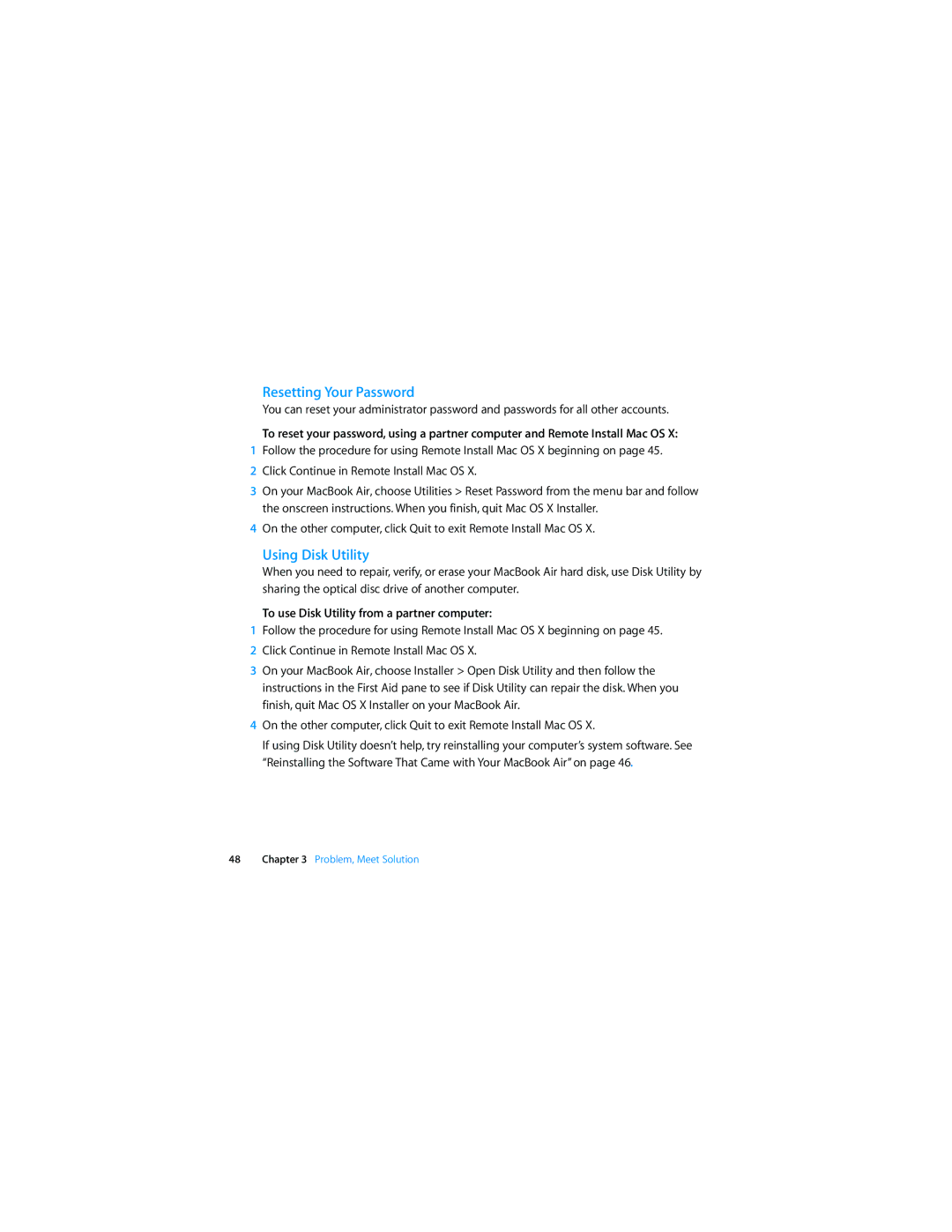 Apple MC233LL/A, MB003LL/A manual Resetting Your Password, Using Disk Utility, To use Disk Utility from a partner computer 
