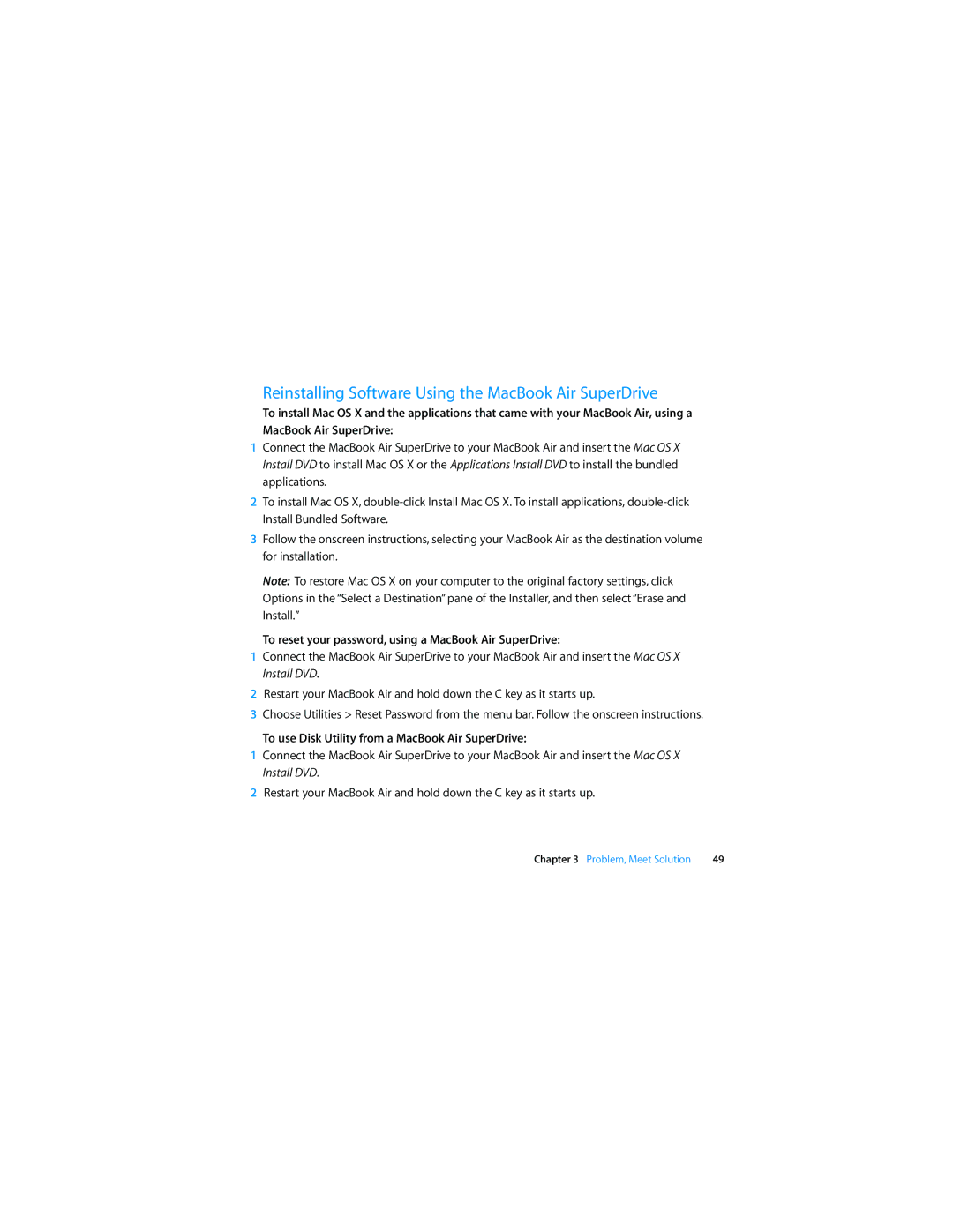Apple MB003LL/A Reinstalling Software Using the MacBook Air SuperDrive, To use Disk Utility from a MacBook Air SuperDrive 