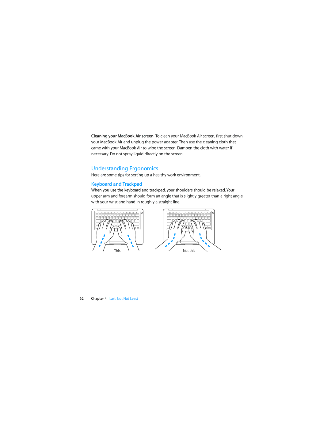 Apple MC233LL/A, MB003LL/A manual Understanding Ergonomics, Keyboard and Trackpad 