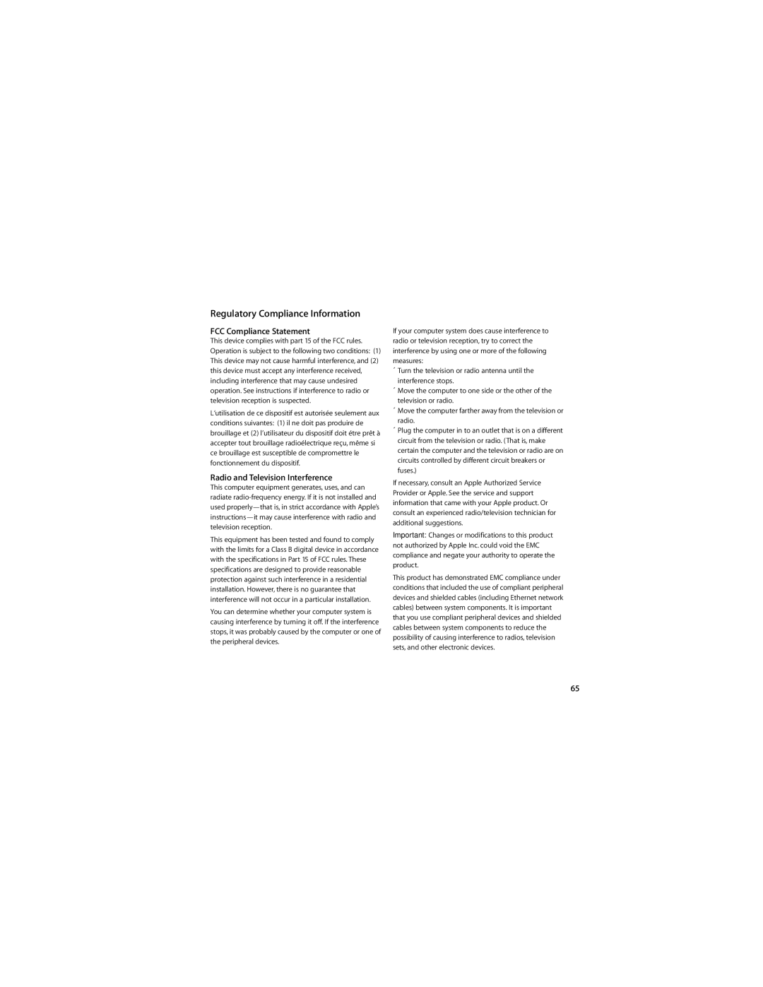 Apple MB003LL/A, MC233LL/A manual Regulatory Compliance Information, FCC Compliance Statement 