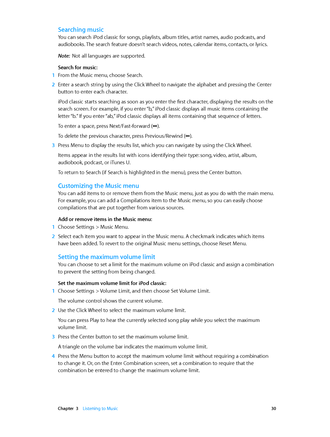 Apple MC297LL/A, MC293LL/A manual Searching music, Customizing the Music menu, Setting the maximum volume limit 