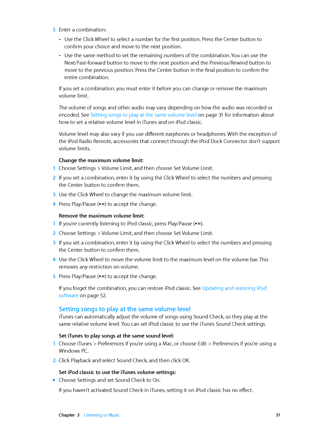 Apple MC293LL/A, MC297LL/A manual Setting songs to play at the same volume level, Change the maximum volume limit 