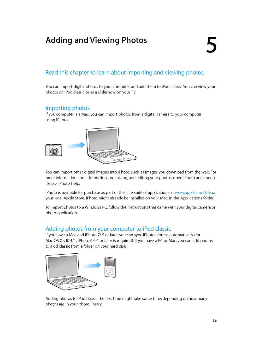 Apple MC297LL/A, MC293LL/A Adding and Viewing Photos, Importing photos, Adding photos from your computer to iPod classic 