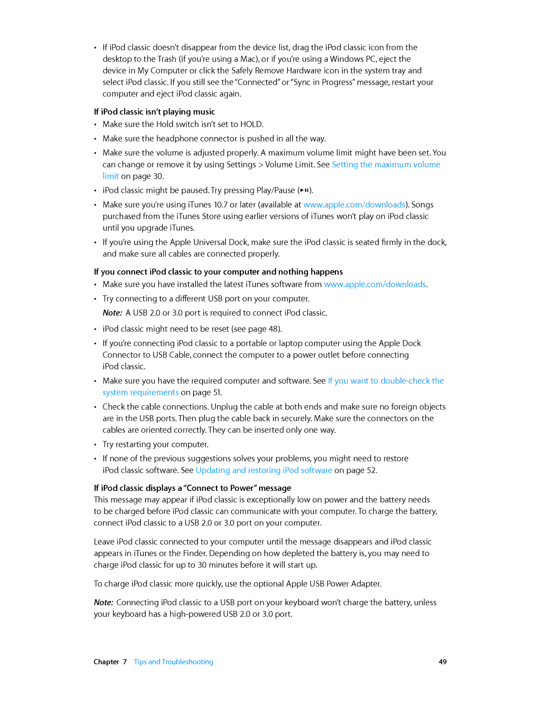 Apple MC293LL/A, MC297LL/A manual If iPod classic isn’t playing music, If iPod classic displays a Connect to Power message 