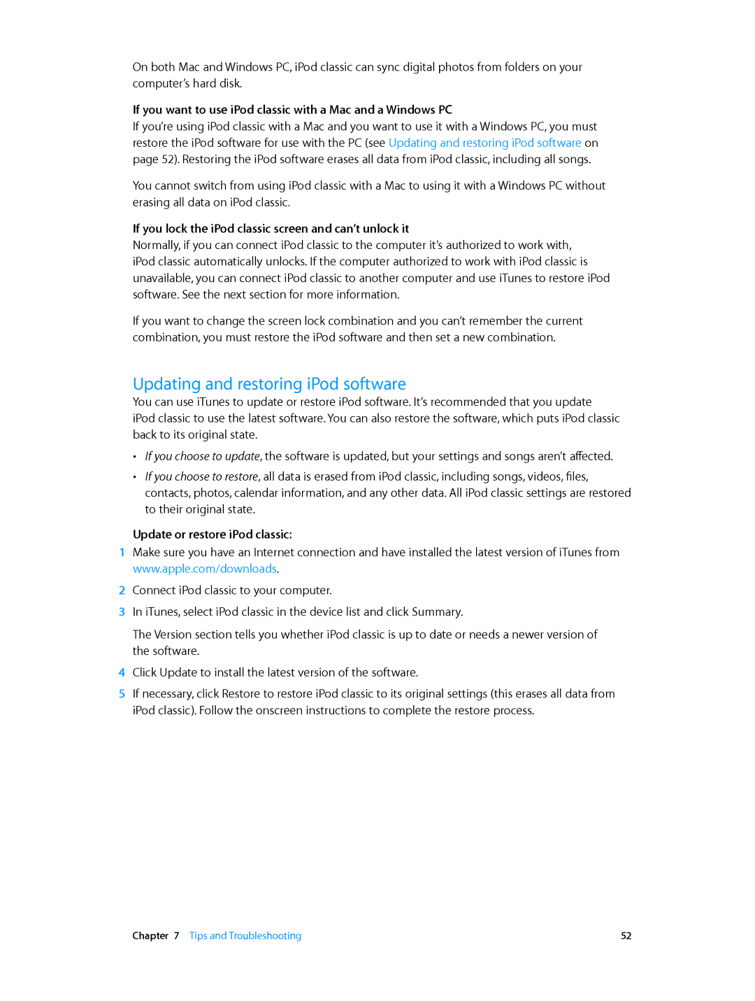 Apple MC297LL/A manual Updating and restoring iPod software, If you want to use iPod classic with a Mac and a Windows PC 