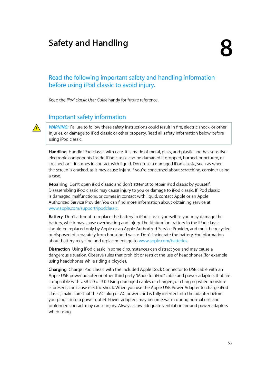 Apple MC293LL/A, MC297LL/A manual Safety and Handling, Important safety information 