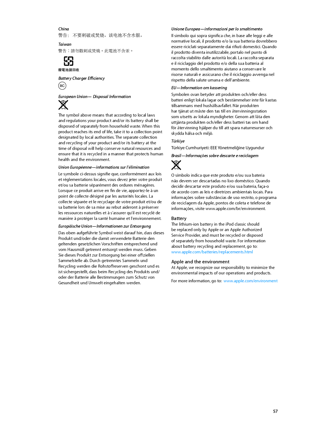 Apple MC293LL/A, MC297LL/A manual Battery Apple and the environment 