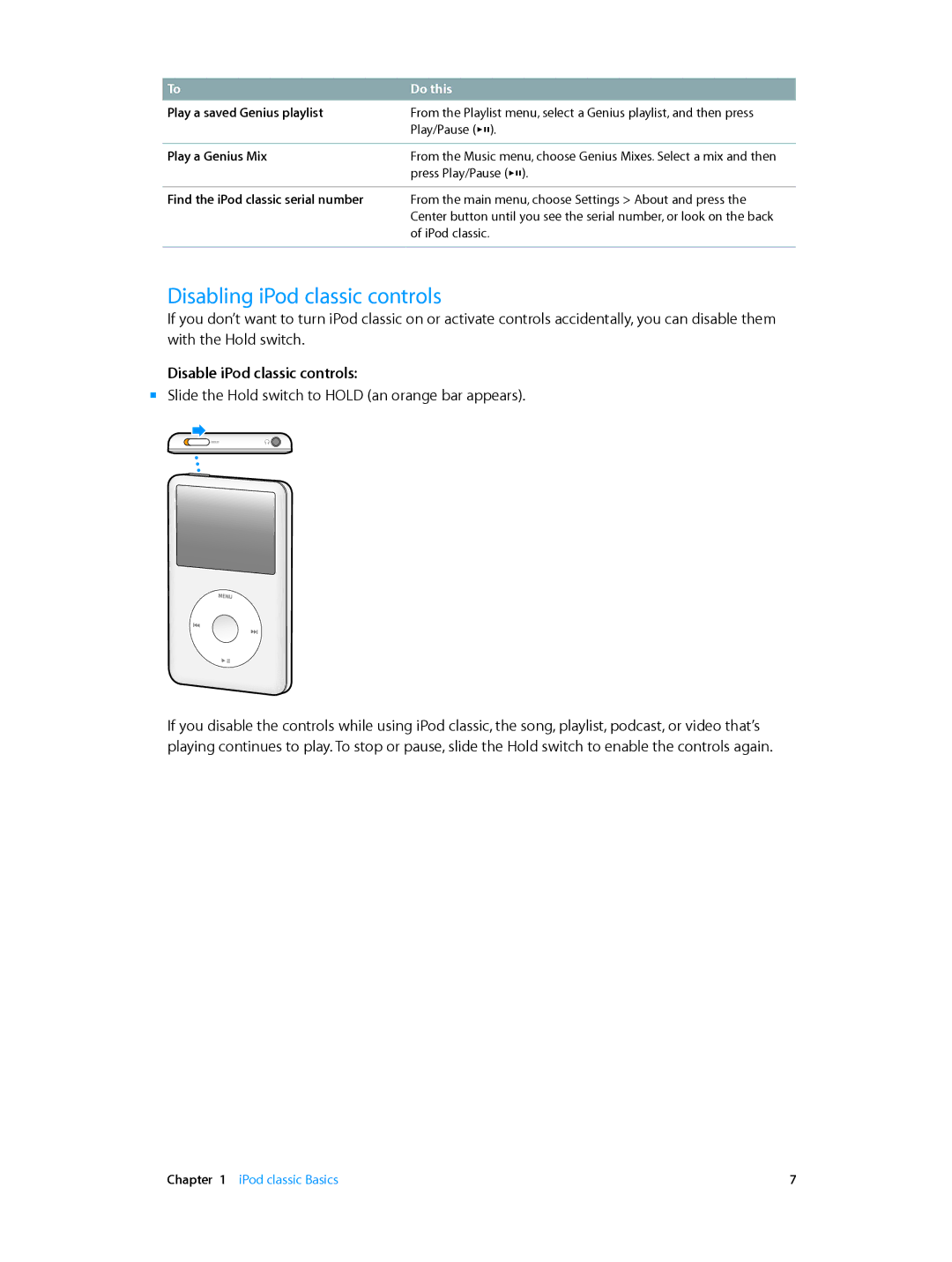 Apple MC293LL/A, MC297LL/A Disabling iPod classic controls, Disable iPod classic controls, Play a saved Genius playlist 