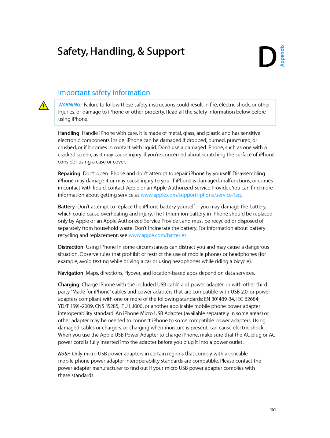 Apple MD655LL/A, MC319LL/A, MC536LL/A, MC918LL/A, MF263LL/A manual Safety, Handling, & Support, Important safety information 