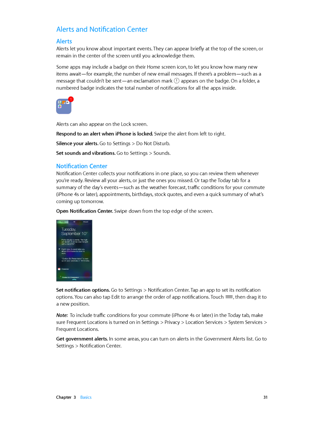 Apple MD146LL/A, MC319LL/A, MC536LL/A manual Alerts and Notification Center, Set sounds and vibrations. Go to Settings Sounds 