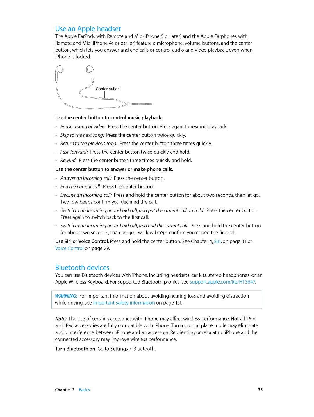 Apple MC919LL/A, MC319LL/A manual Use an Apple headset, Bluetooth devices, Use the center button to control music playback 