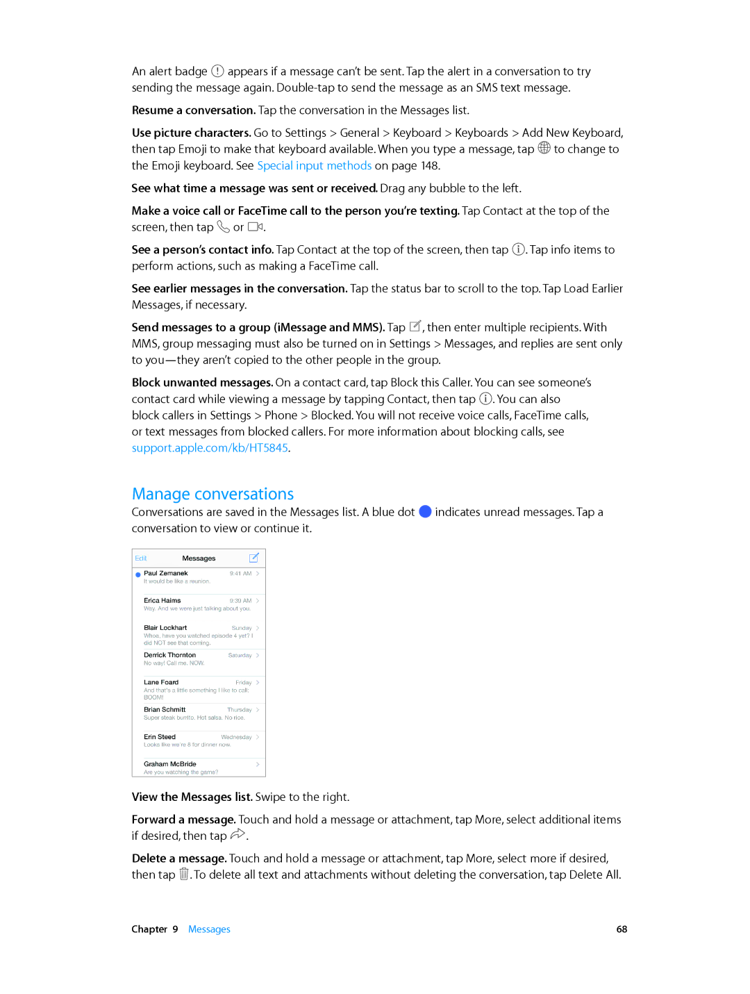 Apple MD271LL/A, MC319LL/A, MC536LL/A, MC918LL/A, MF263LL/A Manage conversations, View the Messages list. Swipe to the right 