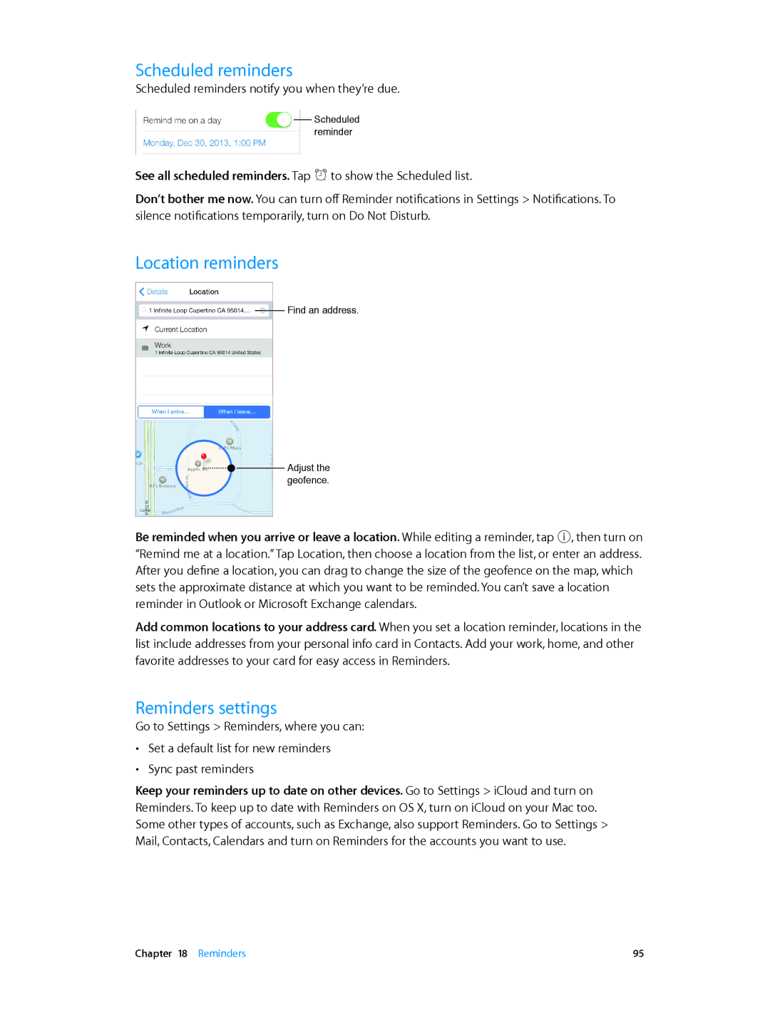 Apple ME344LL/A, MC319LL/A, MC536LL/A, MC918LL/A, MF263LL/A manual Scheduled reminders, Location reminders, Reminders settings 