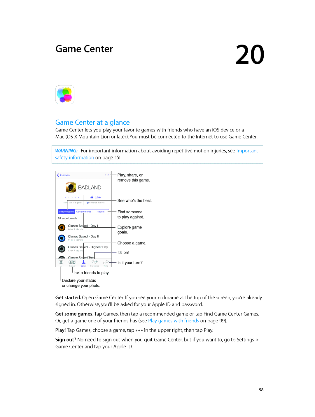 Apple MD645LL/A, MC319LL/A, MC536LL/A, MC918LL/A, MF263LL/A, ME493LL/A, ME344LL/A, ME556LL/A manual Game Center at a glance 