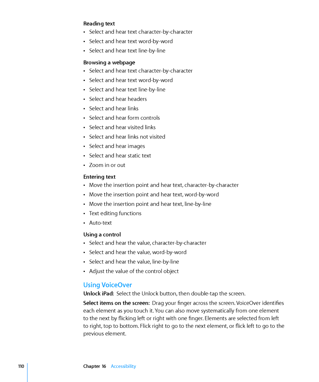 Apple MC349LL/A manual Using VoiceOver, Reading text, Browsing a webpage, Entering text, Using a control 