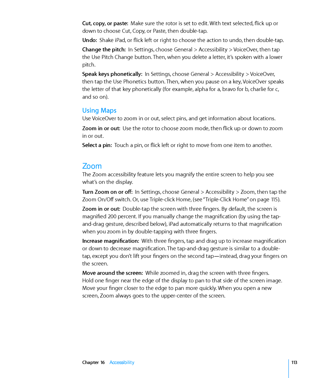 Apple MC349LL/A manual Zoom, Using Maps, Accessibility 113 