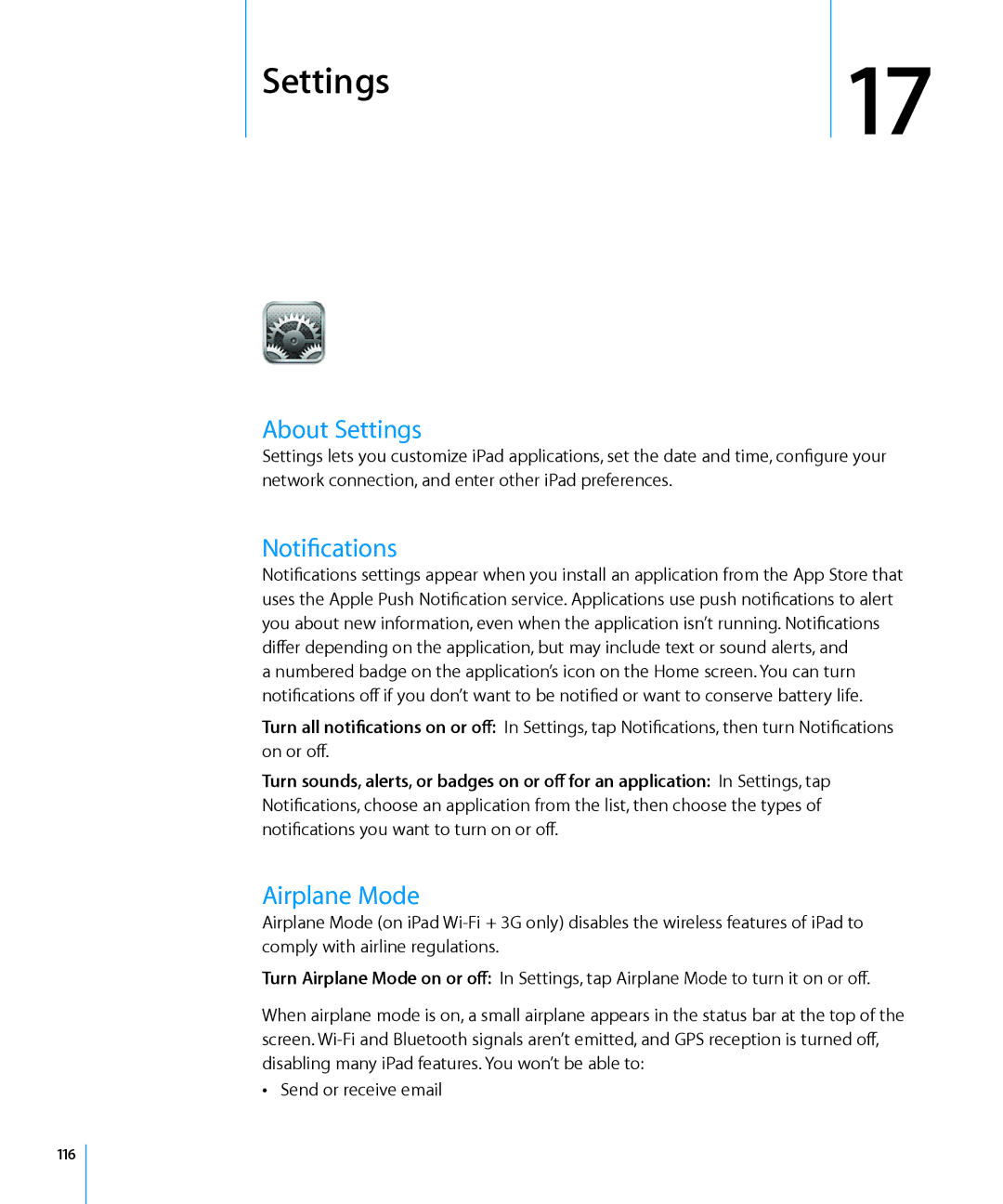 Apple MC349LL/A manual About Settings, Notifications, Airplane Mode, 116 