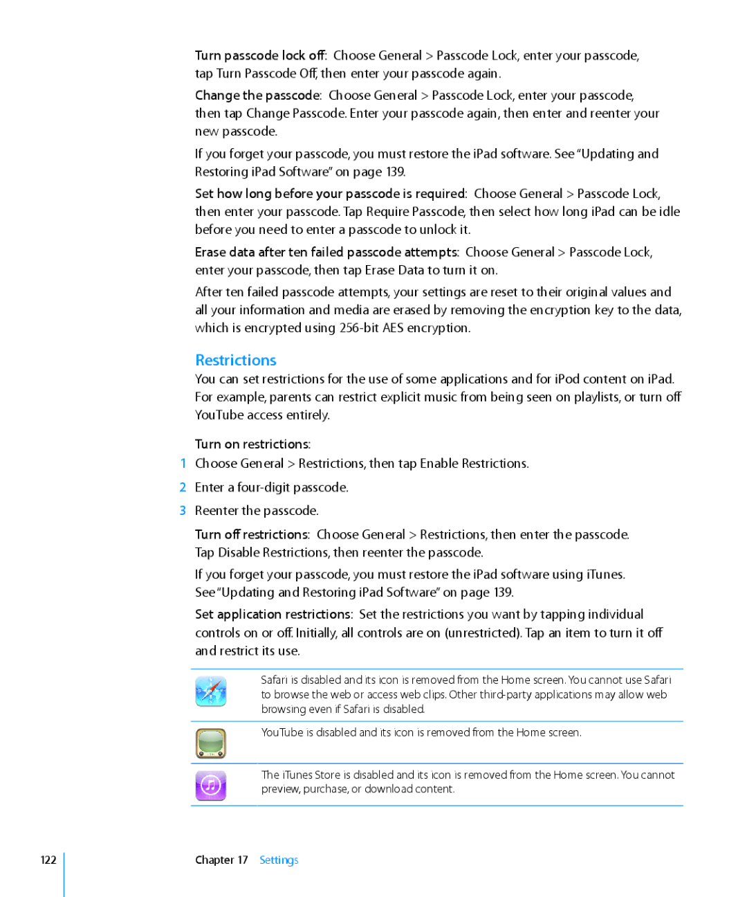 Apple MC349LL/A manual Restrictions, Turn on restrictions, Settings 