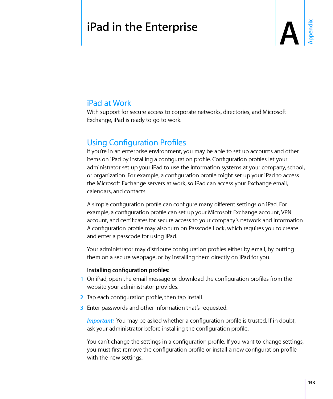 Apple MC349LL/A IPad in the Enterprise, IPad at Work, Using Configuration Profiles, Installing configuration profiles, 133 