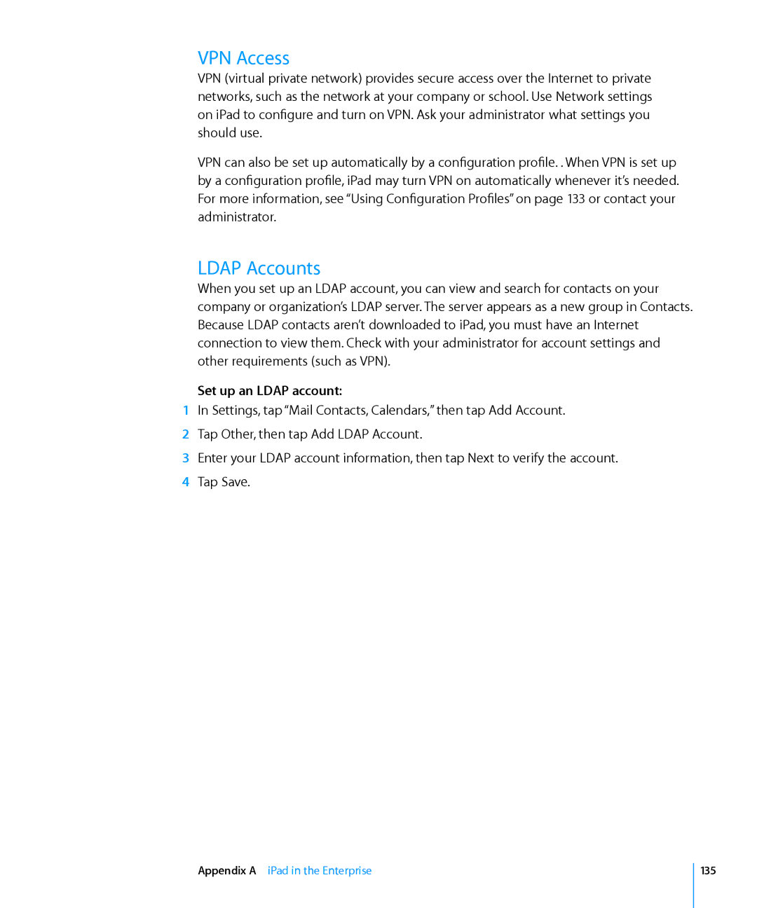 Apple MC349LL/A manual VPN Access, Ldap Accounts, Set up an Ldap account, 135 