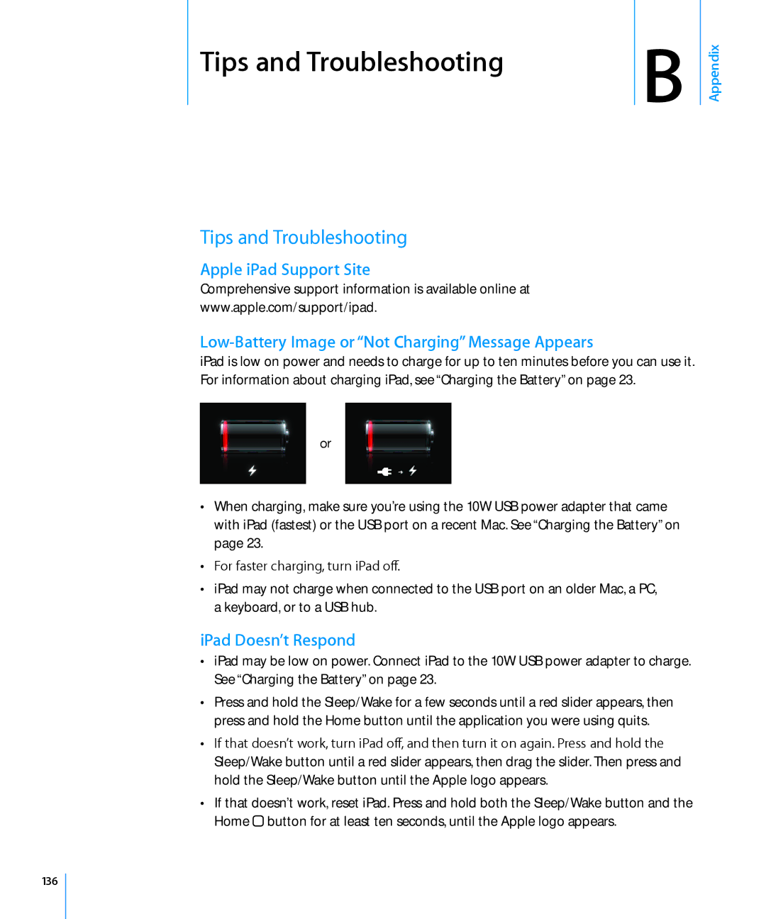 Apple MC349LL/A manual Tips and Troubleshooting, Apple iPad Support Site, Low-Battery Image or Not Charging Message Appears 