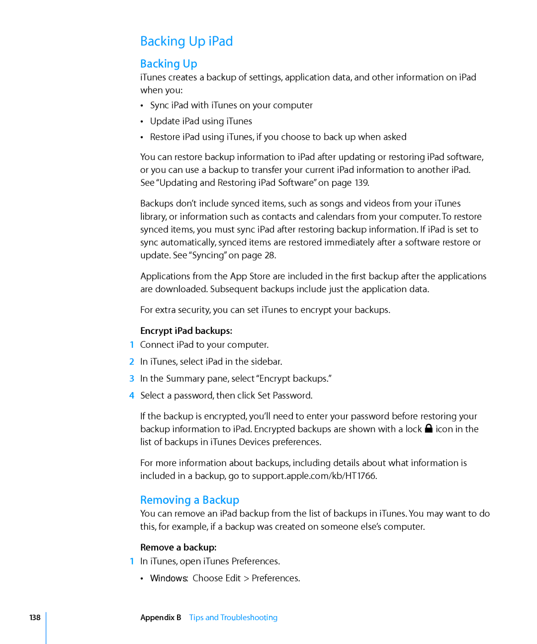 Apple MC349LL/A manual Backing Up iPad, Removing a Backup, Encrypt iPad backups, Remove a backup 