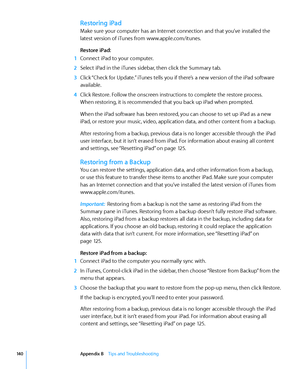 Apple MC349LL/A manual Restoring iPad, Restoring from a Backup, Restore iPad from a backup, 140 