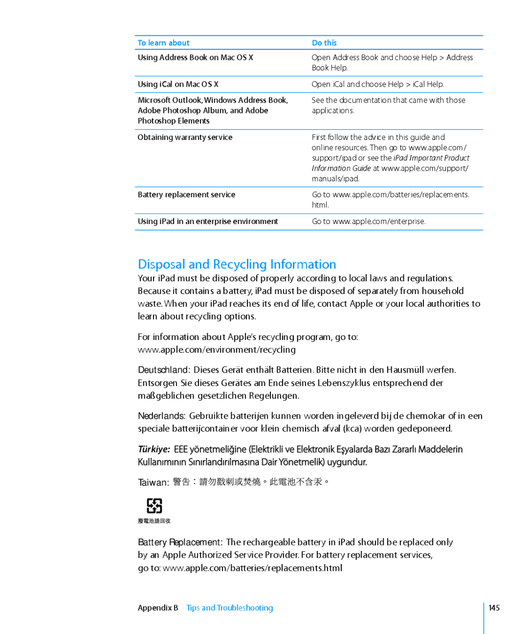 Apple MC349LL/A manual Disposal and Recycling Information 