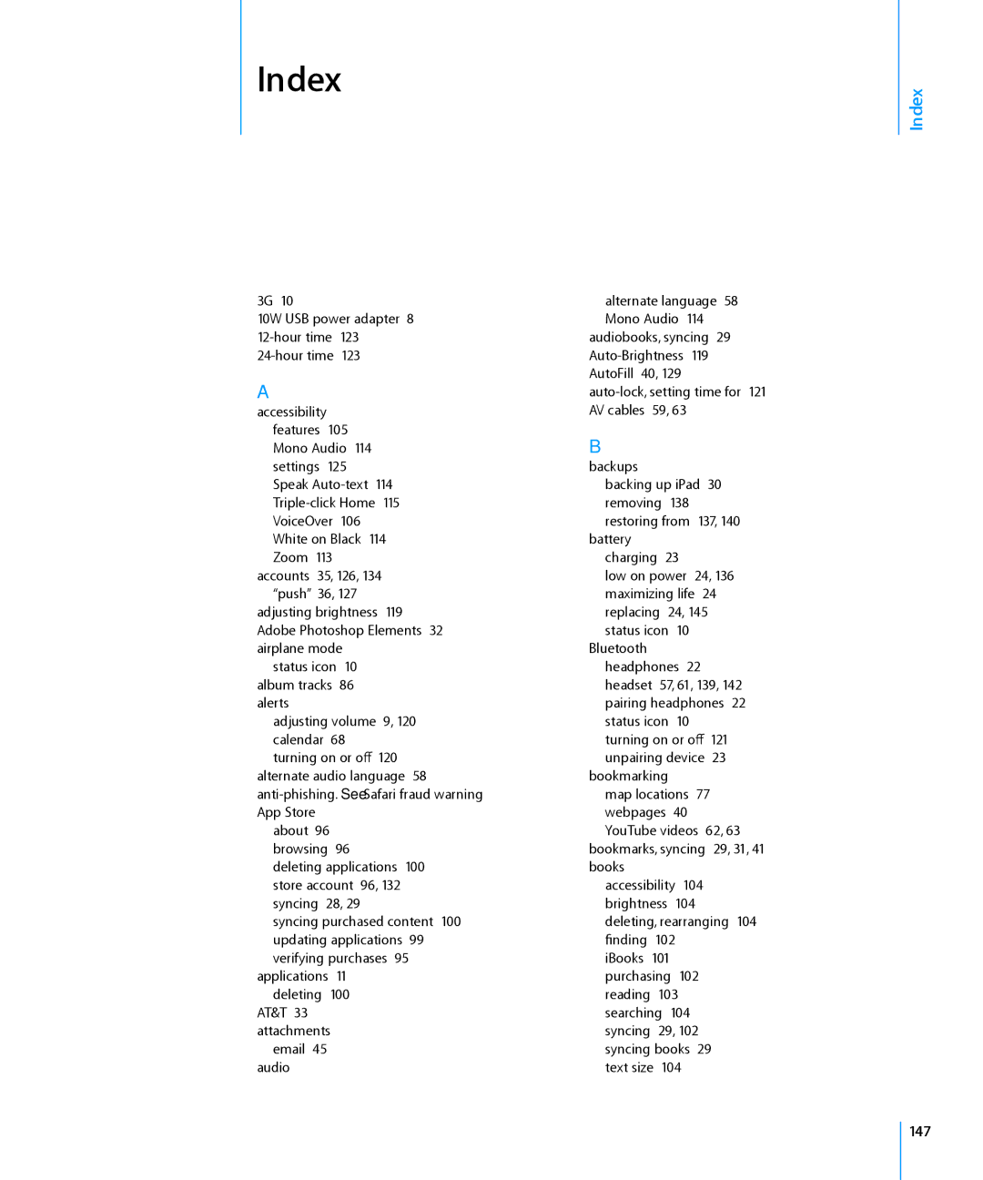 Apple MC349LL/A manual Index, 147 