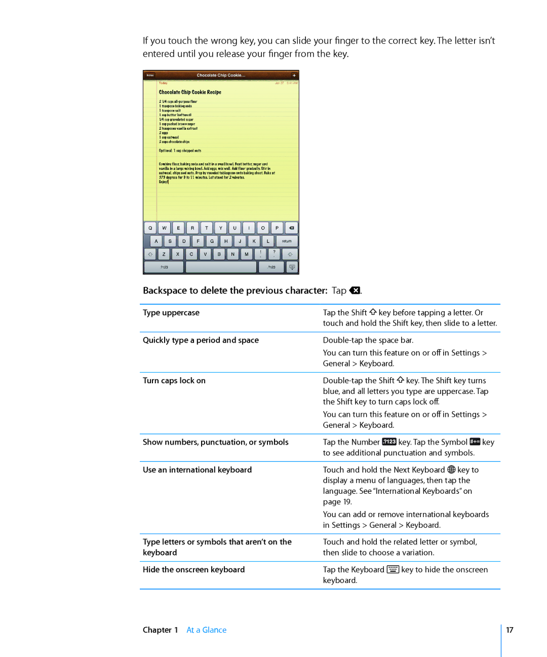 Apple MC349LL/A manual Backspace to delete the previous character Tap 