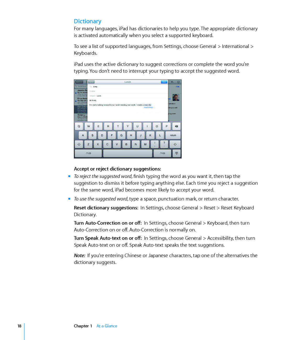 Apple MC349LL/A manual Dictionary, Accept or reject dictionary suggestions 