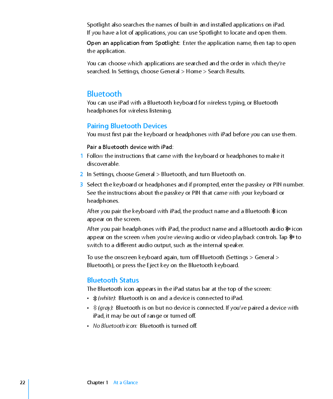 Apple MC349LL/A manual Pairing Bluetooth Devices, Bluetooth Status, Pair a Bluetooth device with iPad 