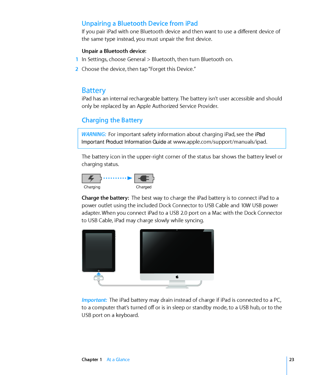 Apple MC349LL/A manual Unpairing a Bluetooth Device from iPad, Charging the Battery, Unpair a Bluetooth device 