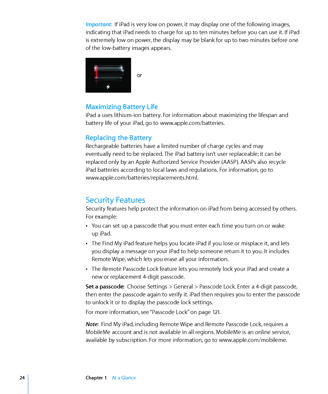 Apple MC349LL/A manual Security Features, Maximizing Battery Life Replacing the Battery 