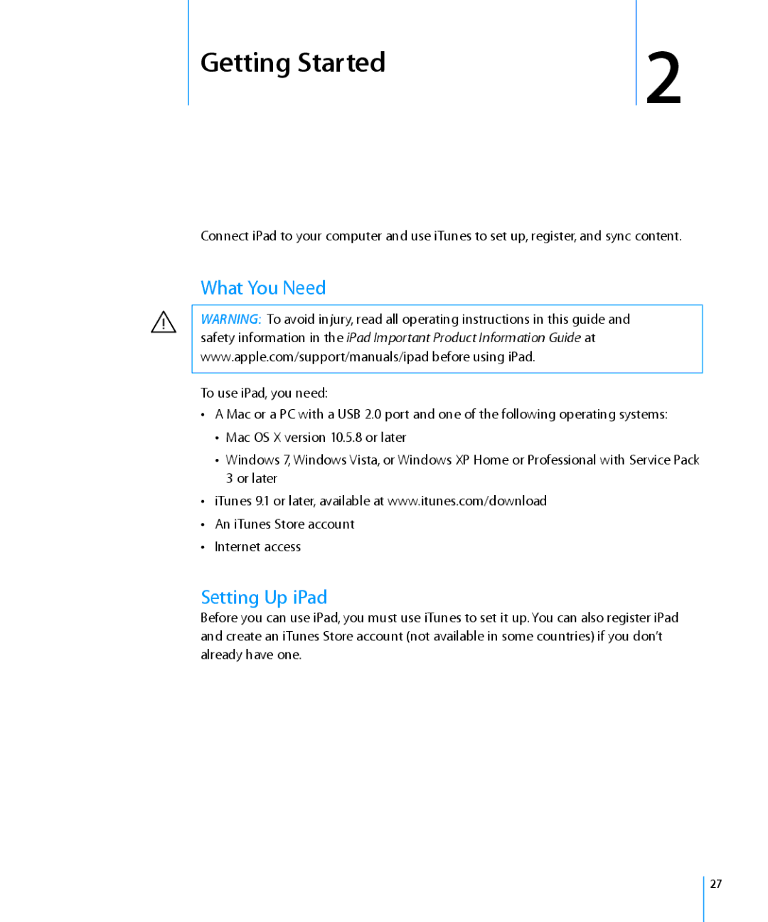 Apple MC349LL/A manual Getting Started, What You Need, Setting Up iPad 