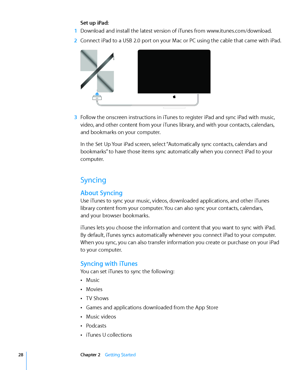 Apple MC349LL/A manual About Syncing, Syncing with iTunes, Set up iPad 