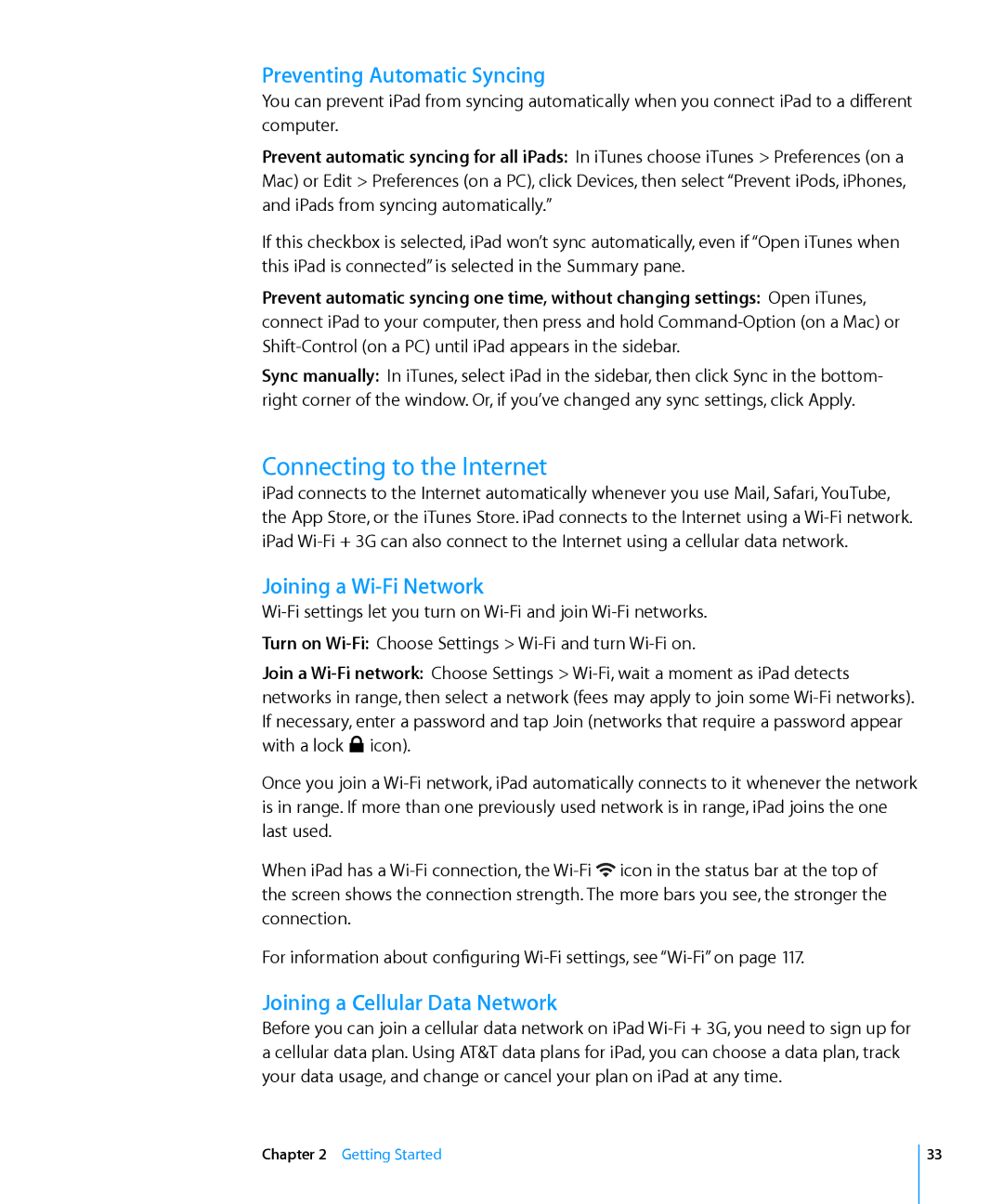 Apple MC349LL/A manual Connecting to the Internet, Preventing Automatic Syncing, Joining a Wi-Fi Network 