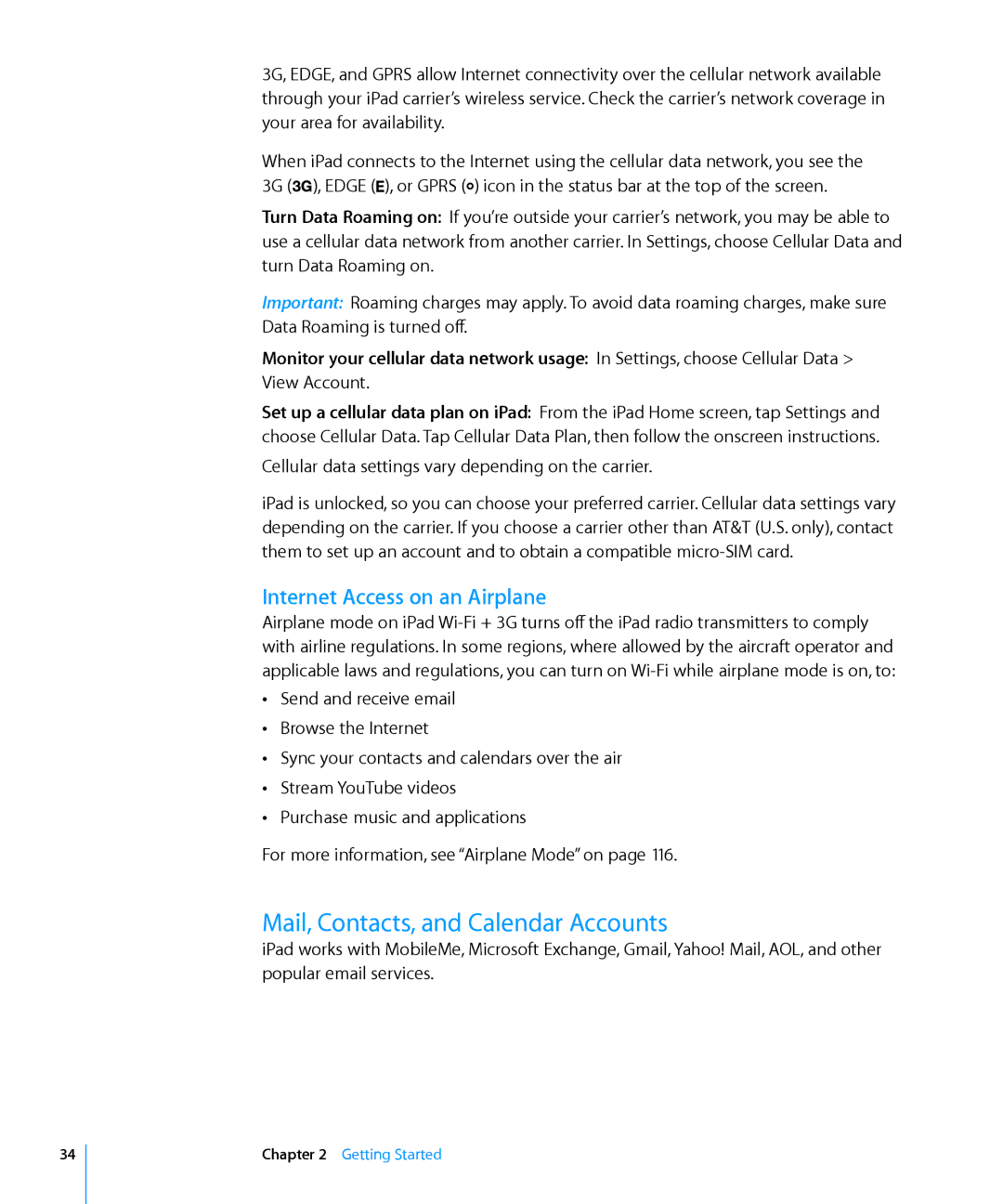 Apple MC349LL/A manual Mail, Contacts, and Calendar Accounts, Internet Access on an Airplane 