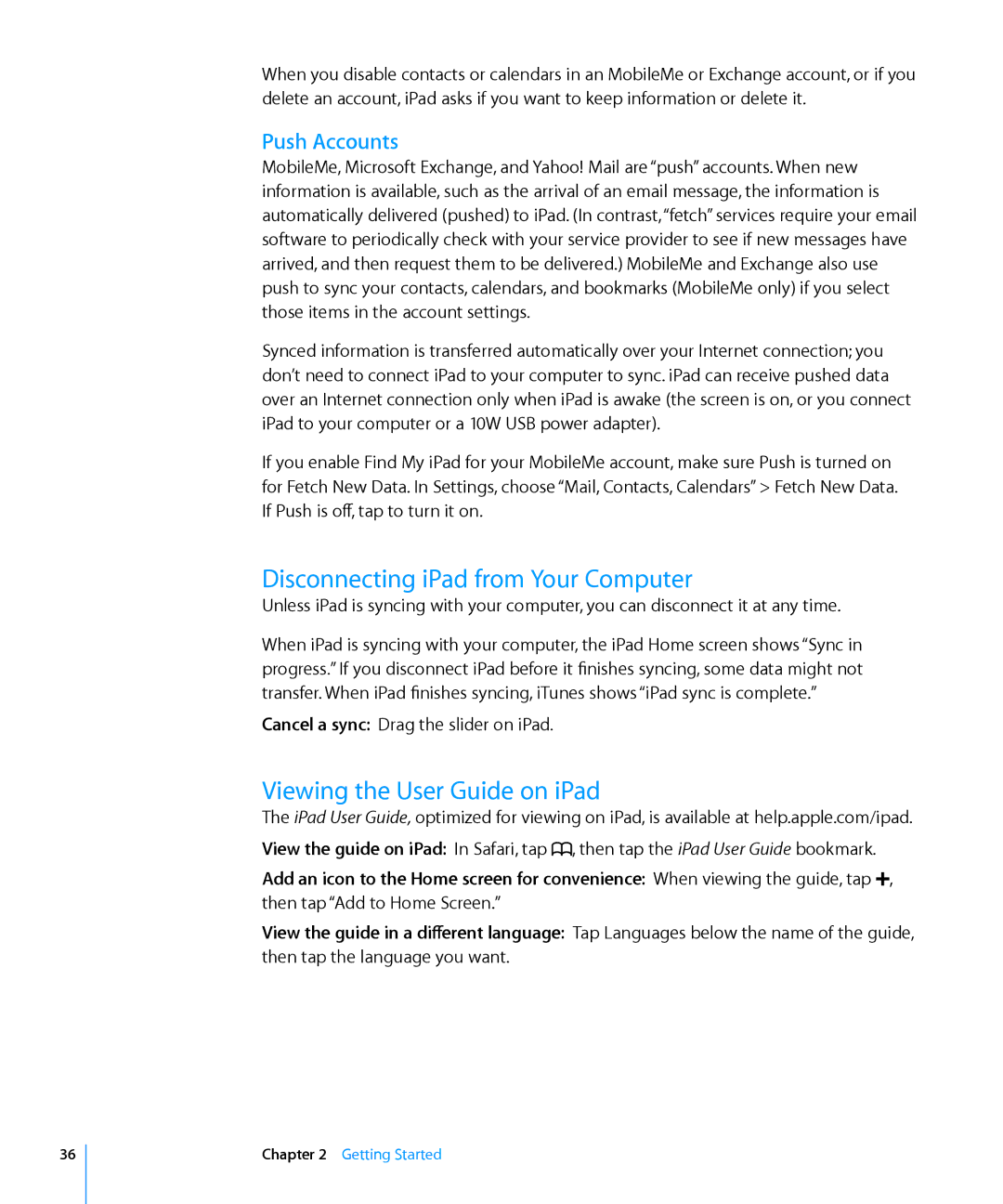 Apple MC349LL/A manual Disconnecting iPad from Your Computer, Viewing the User Guide on iPad, Push Accounts 